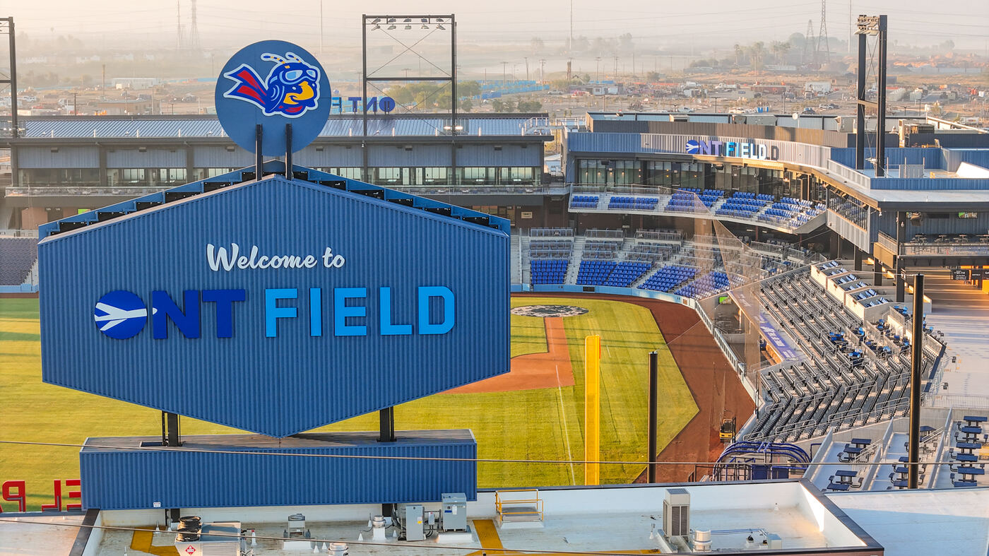 ONT Field stadium signage and baseball diamond at golden hour, Ontario, CA