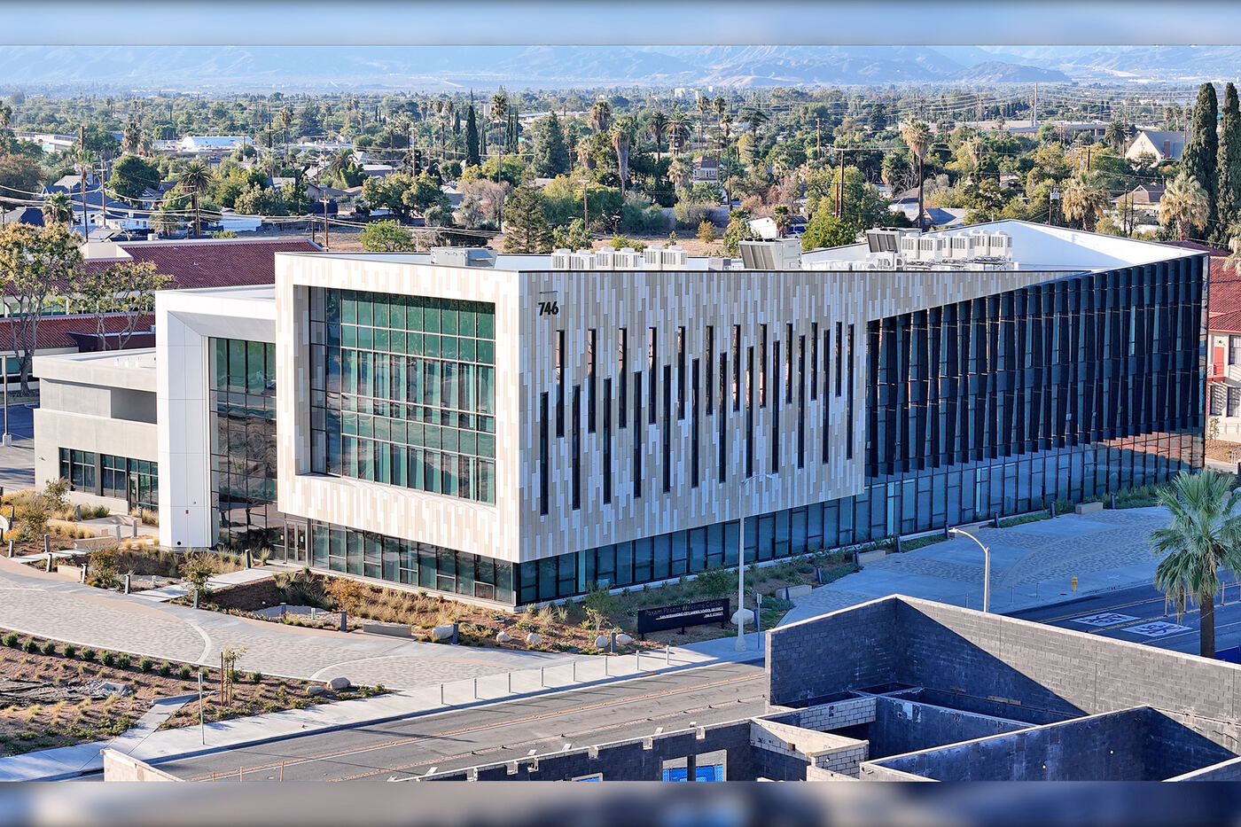 Angular glass curtain wall facade, Welcoming Resource Center, San Bernardino, CA